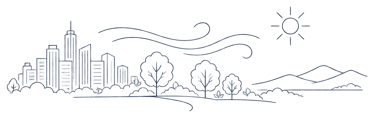 Line illustration of a city skyline, park trees and wind lines under the sun